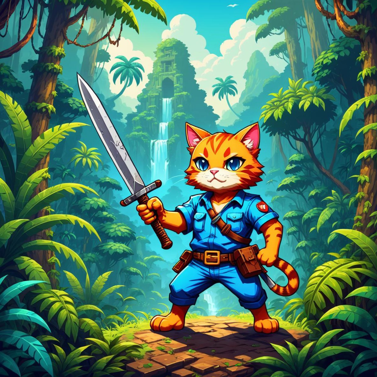 Retro game art anime style, adventurer cat, dense jungle, holding a machete . 16-bit, vibrant colors, pixelated, nostalgic...